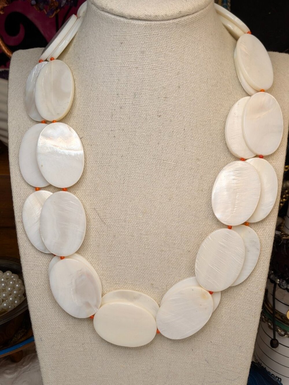 Mother‑of‑Pearl & Carnelian Necklace – Sterling Silver Gemstone Clasp, 19"